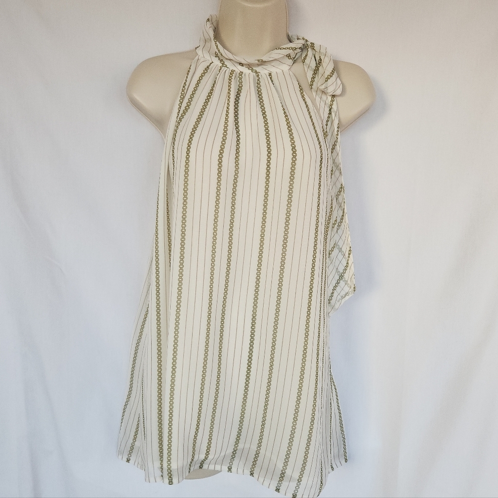 Banana Republic Ivory Chain Stripe Sleeveless High Neck Top | M | Coastal Chic